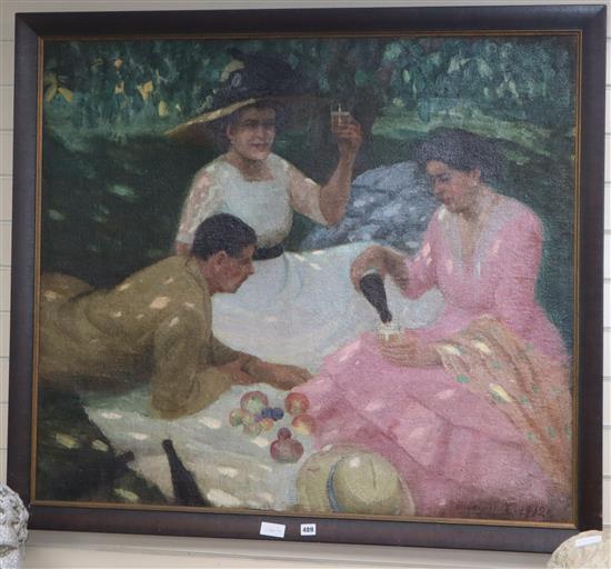 Early 20th century French School, oil on canvas, Woodland picnic, indistinctly signed, 99 x 114cm